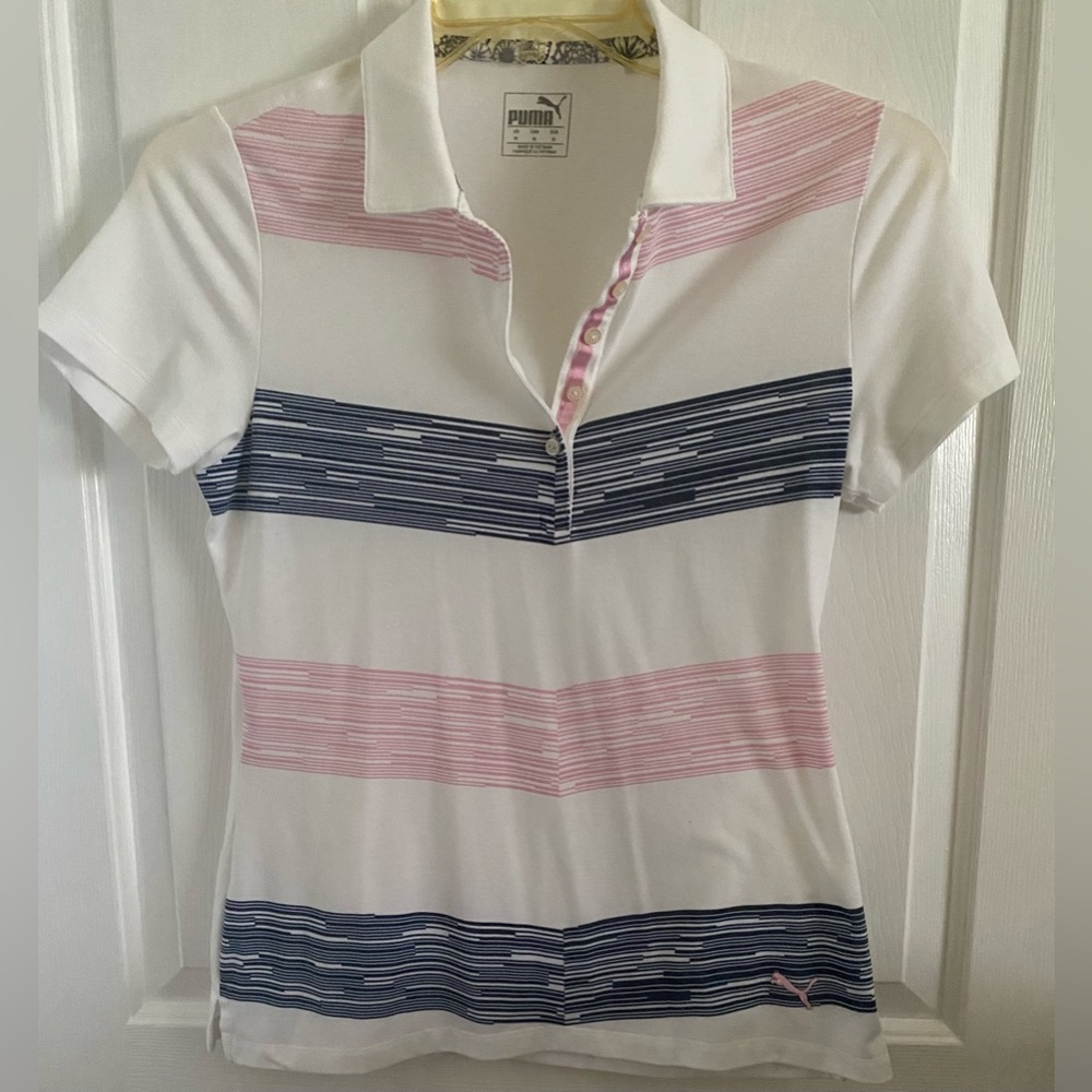 PUMA …WOMENS White and Pink Striped Polo Shirt